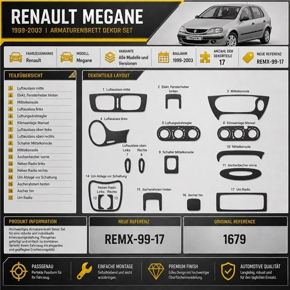 Renault Megane 1999-2003 3D Cockpit Dekor Interieurleisten Set 17-teilig