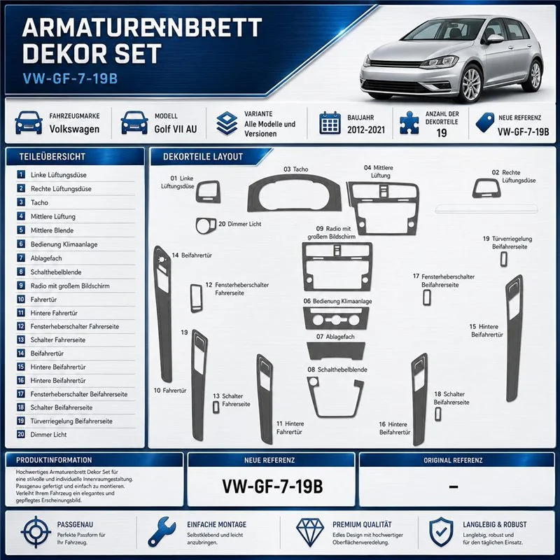 Volkswagen Golf VII AU 2012-2021 3D Cockpit Dekor Interieurleisten Set As shown in product diagram-teilig