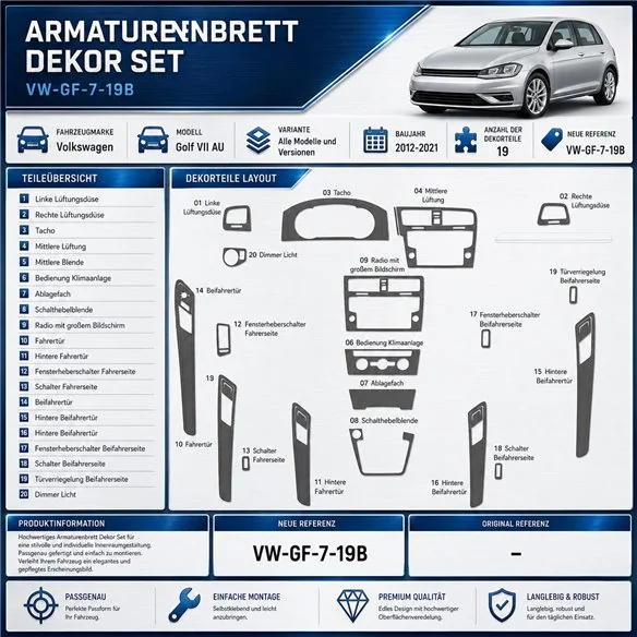 Volkswagen Golf VII AU 2012-2021 3D Cockpit Dekor Interieurleisten Set As shown in product diagram-teilig