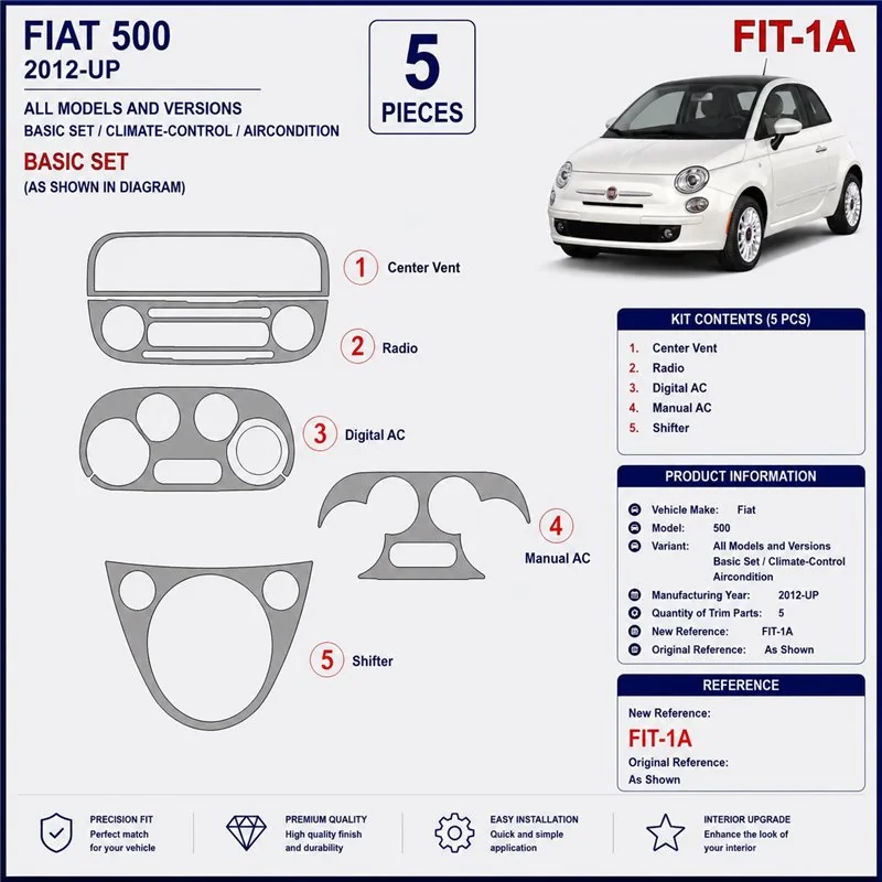 Fiat 500 2012+ Basisset, Climate-Control, Klimaanlage 3D Armaturenbrett-Dekor-Set