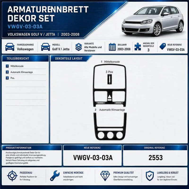 Volkswagen Golf V Jetta 2003-2008 3D Cockpit Dekor Interieurleisten Set 3-teilig