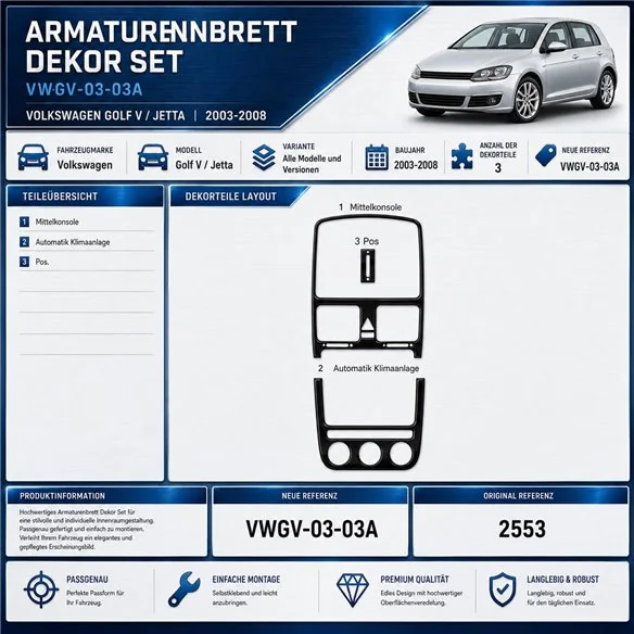 Volkswagen Golf V Jetta 2003-2008 3D Cockpit Dekor Interieurleisten Set 3-teilig