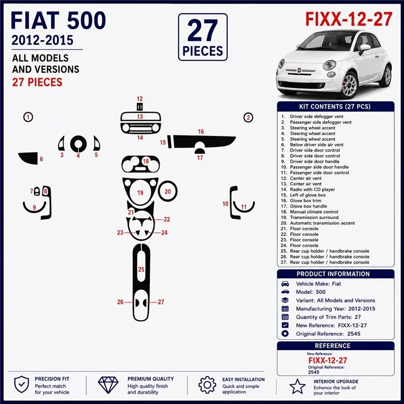 Fiat 500 2012-2015 3D Armaturenbrett-Dekor-Set, 27 Teile