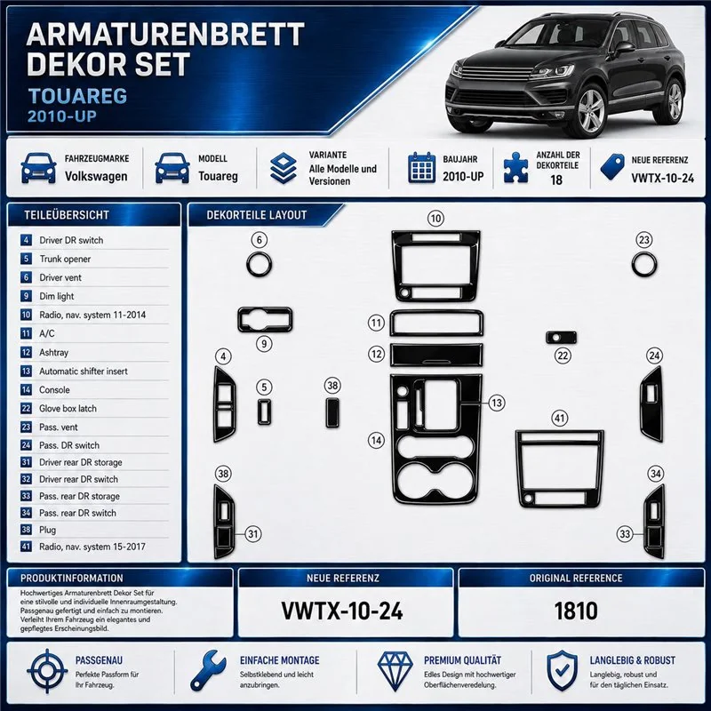 Volkswagen Touareg II 2010-2018 3D Cockpit Dekor Interieurleisten Set 11-teilig