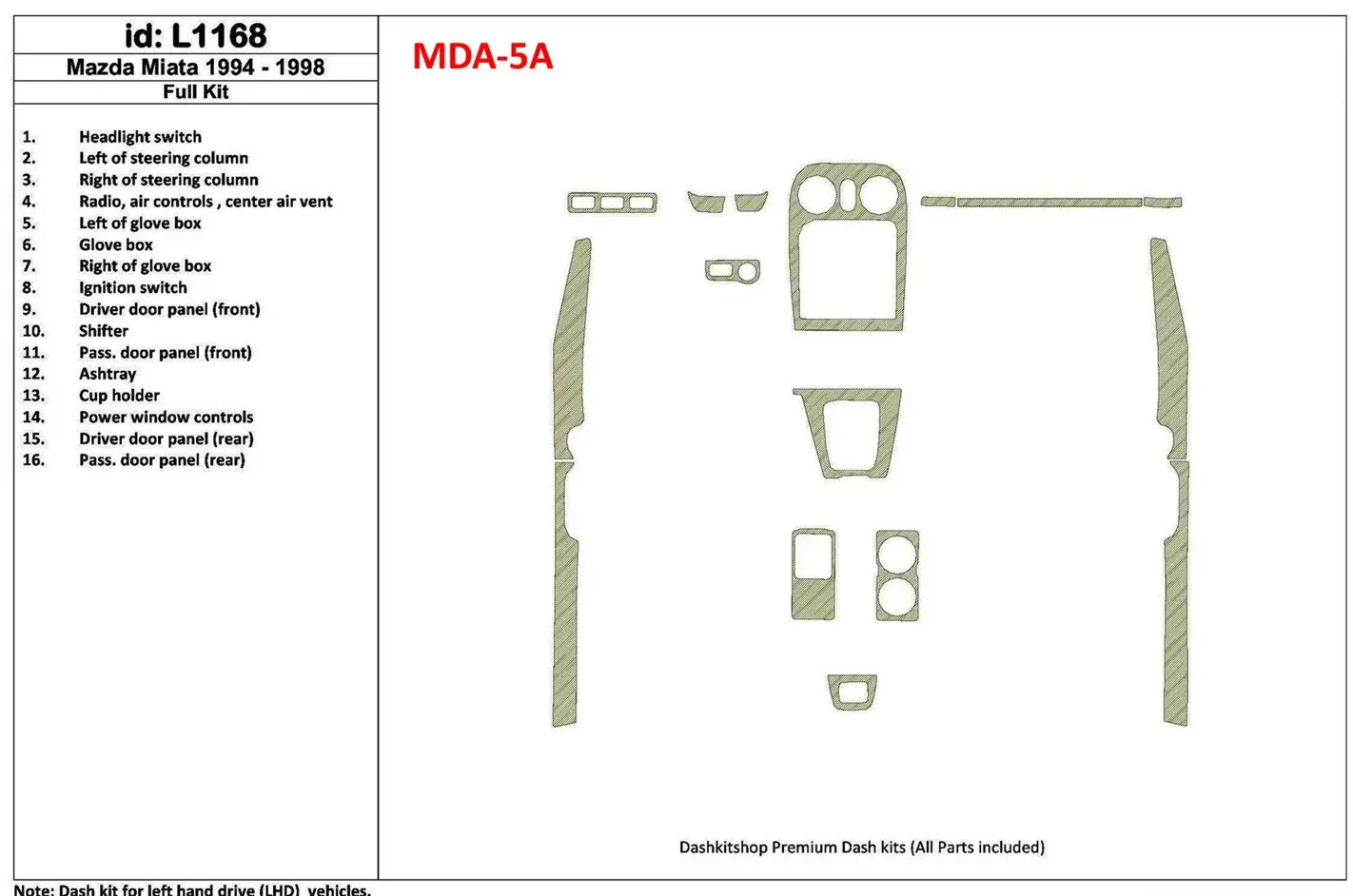 Mazda Miata 1994-1998 Voll Satz, 16 Parts set BD innenausstattung armaturendekor cockpit dekor - 1- Cockpit Dekor Innenraum