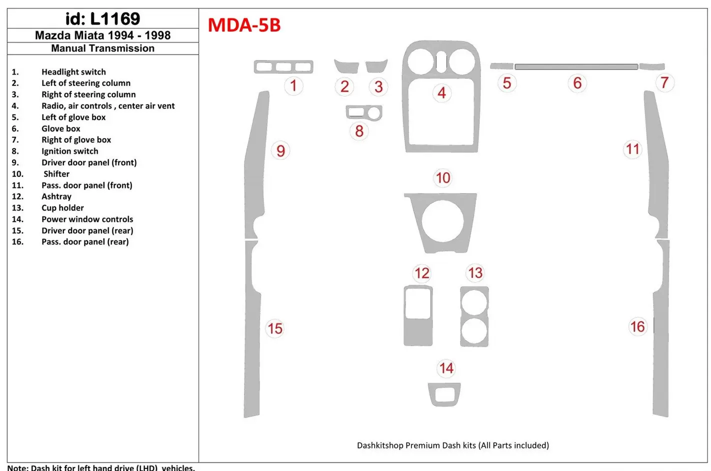 Mazda Miata 1994-1998 Voll Satz, Manual Gear Box BD innenausstattung armaturendekor cockpit dekor - 1- Cockpit Dekor Innenraum