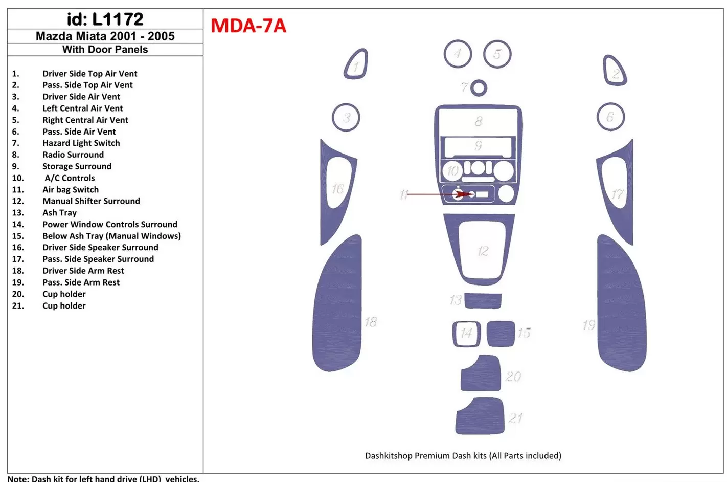 Mazda Miata 2001-2005 With Door panels, 21 Parts set BD innenausstattung armaturendekor cockpit dekor - 1- Cockpit Dekor Innenra