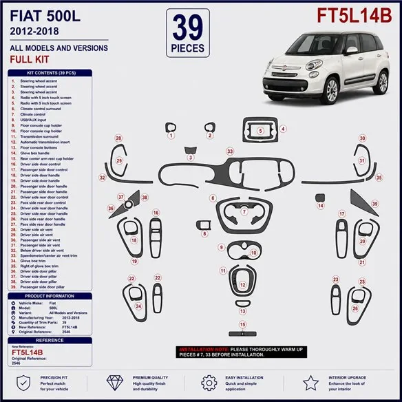 Fiat 500L 2012-2018 3D Armaturenbrett-Dekor-Set, 39 Teile