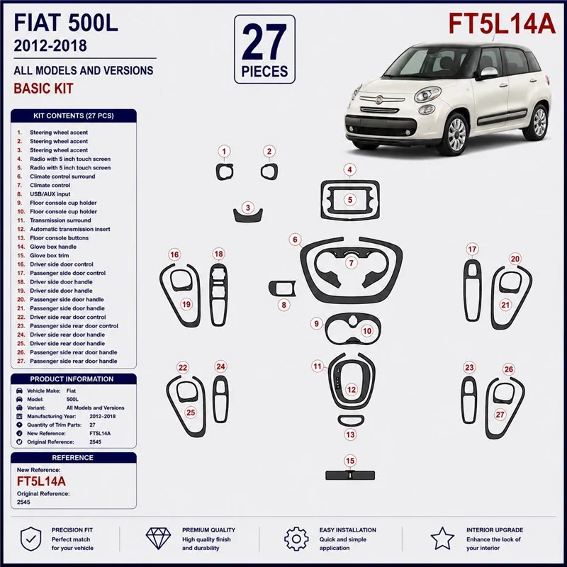 Fiat 500L 2012-2018 3D Armaturenbrett-Dekor-Set, 27 Teile