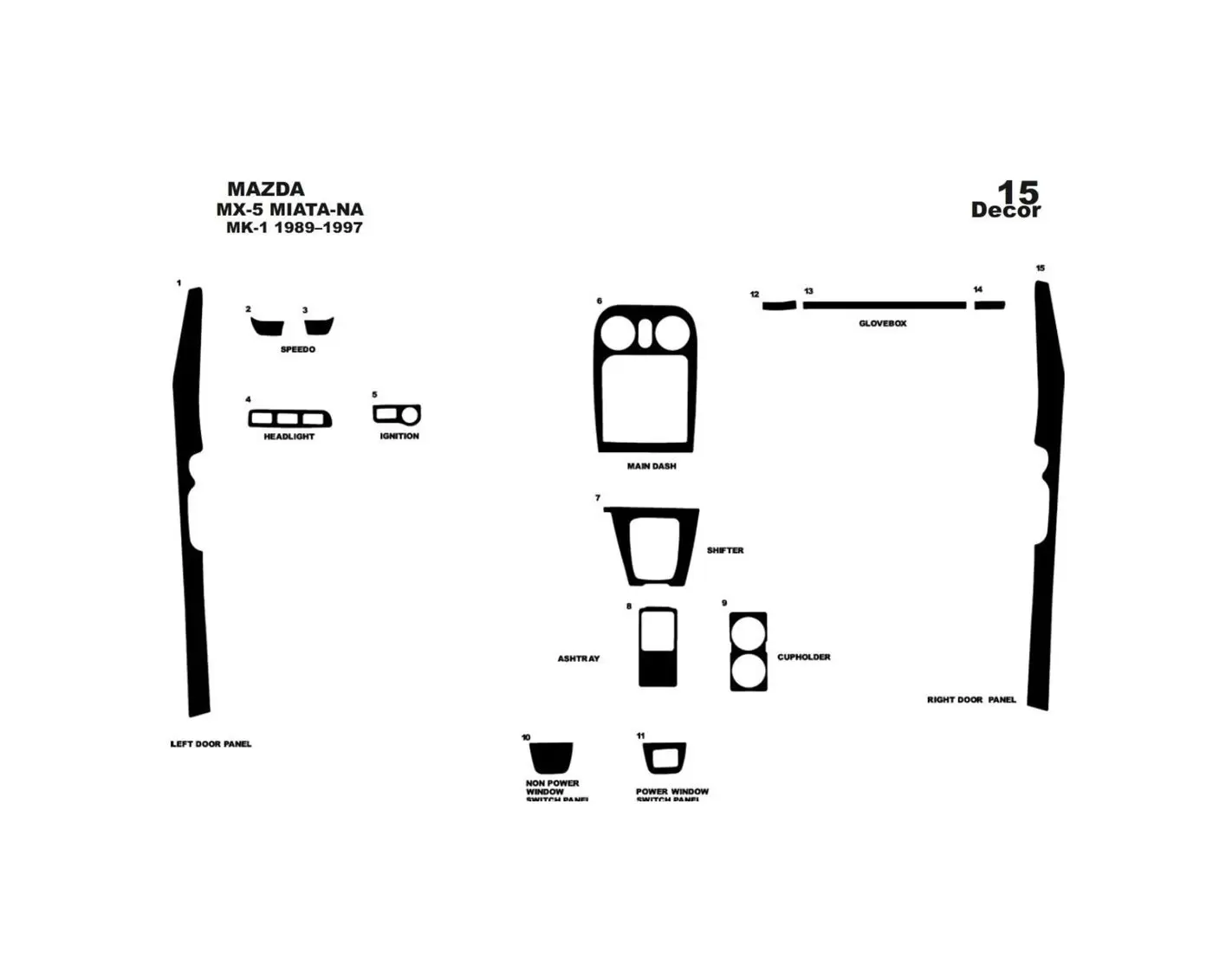 Mazda MX-5 Miata NA Mk1 1989–1997 Mittelkonsole Armaturendekor Cockpit Dekor 15-Teilige - 1- Cockpit Dekor Innenraum