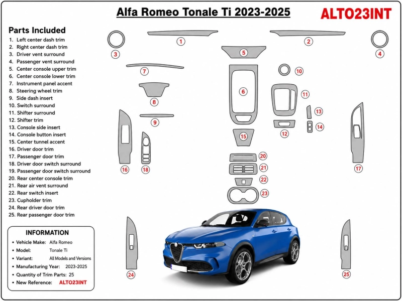 Alfa-Romeo Tonale Ti 2023-2025 3D Armaturenbrett-Dekor-Set, 25 Teile
