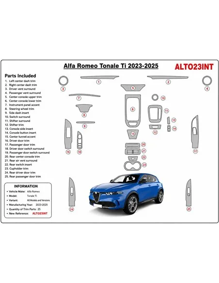 Alfa-Romeo Tonale Ti 2023-2025 3D Armaturenbrett-Dekor-Set, 25 Teile