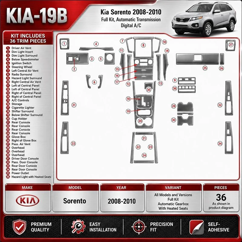 Kia Sorento 2008-2010 3D Cockpit Dekor Interieurleisten Set As shown in product diagram-teilig