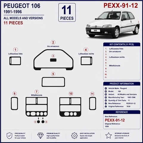 Peugeot 106 1991-1996 3D Armaturenbrett-Dekor-Set, 12 Teile 2