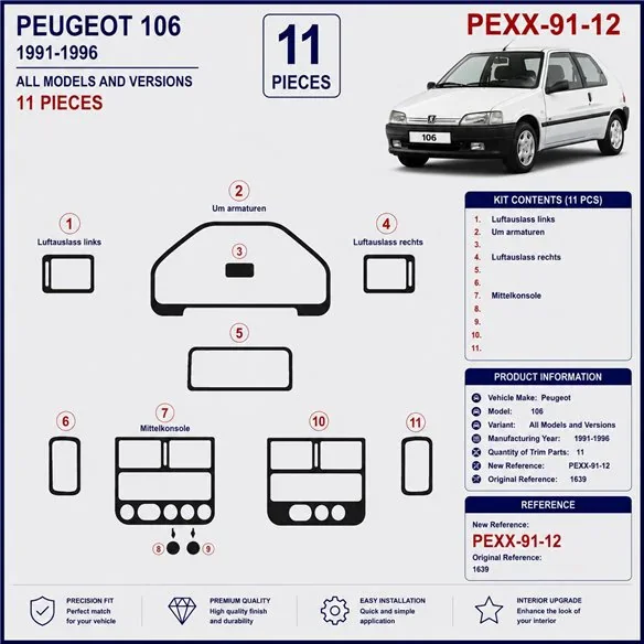 Peugeot 106 1991-1996 3D Armaturenbrett-Dekor-Set, 12 Teile