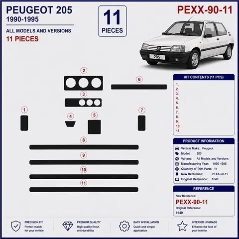 Peugeot 205 1990-1995 3D Armaturenbrett-Dekor-Set, 11 Teile 2