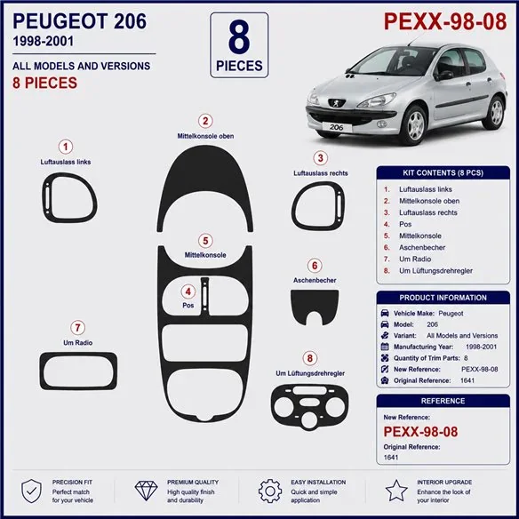 Peugeot 206 1998-2001 3D Armaturenbrett-Dekor-Set, 8 Teile