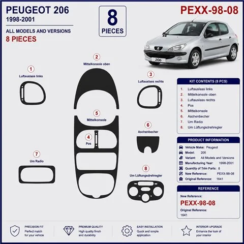 Peugeot 206 2001-2010 3D Armaturenbrett-Dekor-Set, 10 Teile 2