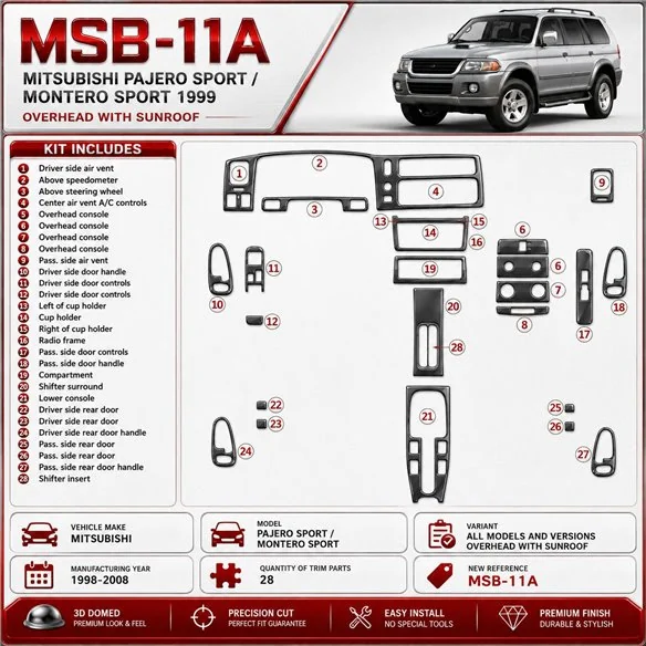 Mitsubishi Pajero Sport/Montero Sport 1998-2008 3D Cockpit Dekor Interieurleisten Set 28-teilig