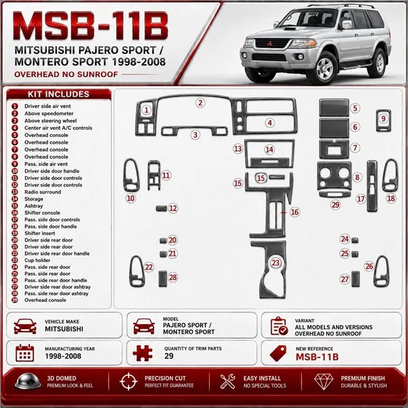 Mitsubishi Pajero Sport/Montero Sport 1998-2008 3D Cockpit Dekor Interieurleisten Set 29-teilig