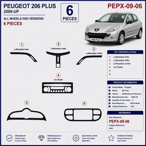 Peugeot 206 Plus 2009+ 3D Armaturenbrett-Dekor-Set, 6 Teile 2