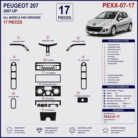 Peugeot 207 2007+ 3D Armaturenbrett-Dekor-Set, 17 Teile 2