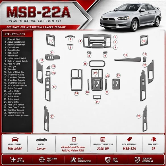 Mitsubishi Lancer 2008-heute 3D Cockpit Dekor Interieurleisten Set Full Set / as shown in product diagram-teilig