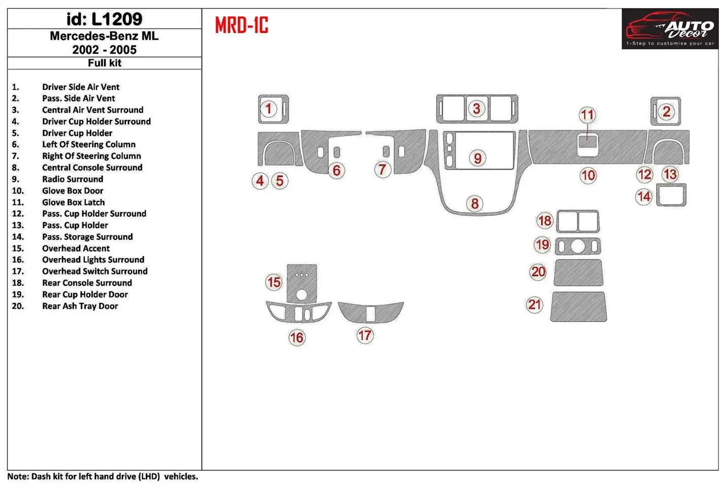 Mercedes Benz M Class 2002-2005 Voll Satz, ML55 BD innenausstattung armaturendekor cockpit dekor - 1- Cockpit Dekor Innenraum