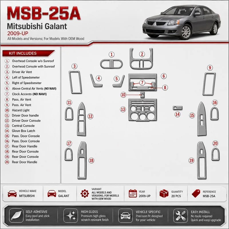 Mitsubishi Galant 2009-heute 3D Cockpit Dekor Interieurleisten Set As shown in product diagram-teilig