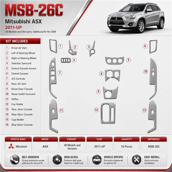 Mitsubishi ASX 2011-heute 3D Cockpit Dekor Interieurleisten Set Additional Kit / as shown in product diagram-teilig