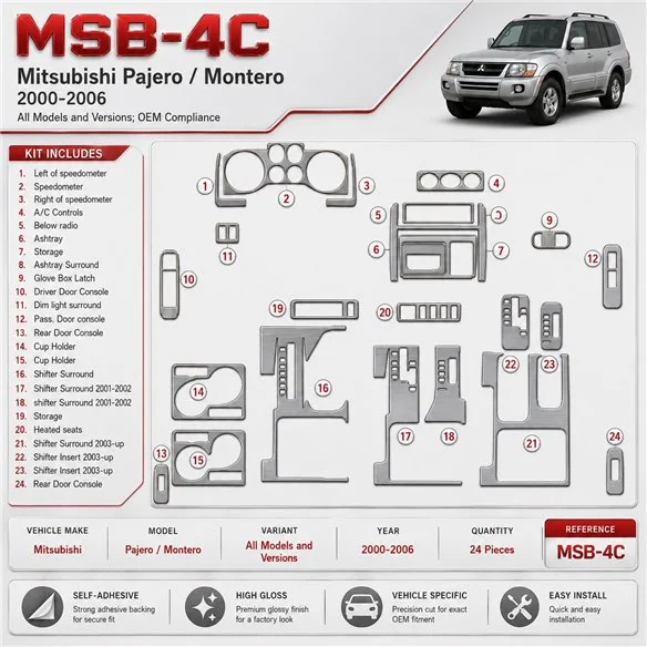 Mitsubishi Pajero/Montero 2000-2006 3D Cockpit Dekor Interieurleisten Set As shown in product diagram-teilig