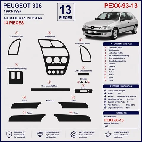 Peugeot 306 1993-1997 3D Armaturenbrett-Dekor-Set, 13 Teile 2