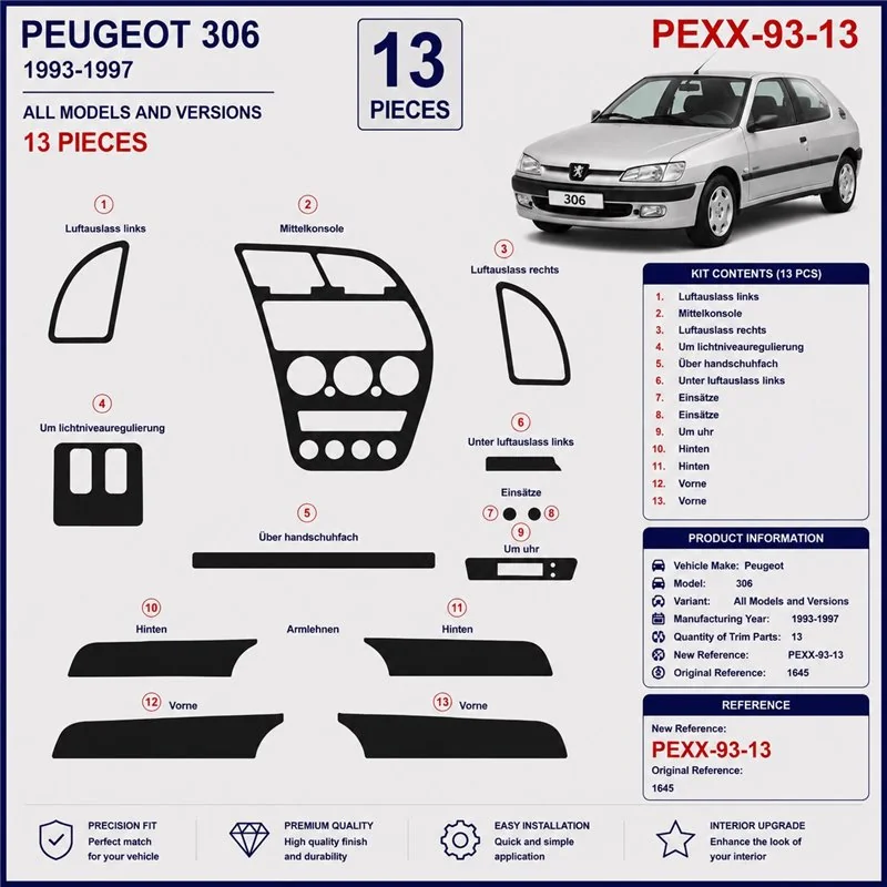 Peugeot 306 1993-1997 3D Armaturenbrett-Dekor-Set, 13 Teile