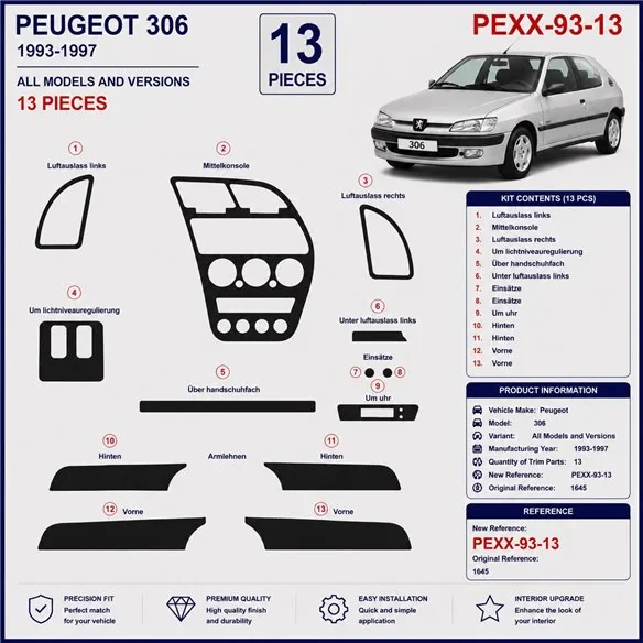 Peugeot 306 1993-1997 3D Armaturenbrett-Dekor-Set, 13 Teile