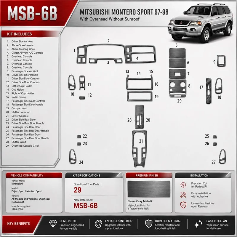 Mitsubishi Pajero Sport/Montero Sport 1998-2008 3D Cockpit Dekor Interieurleisten Set 29-teilig