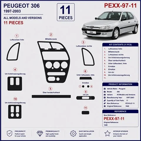 Peugeot 306 1997-2003 3D Armaturenbrett-Dekor-Set, 11 Teile 2