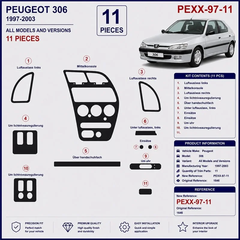 Peugeot 306 1997-2003 3D Armaturenbrett-Dekor-Set, 11 Teile