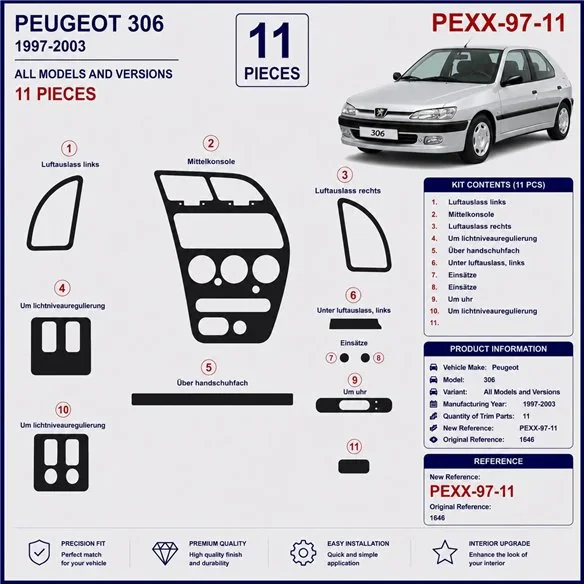 Peugeot 306 1997-2003 3D Armaturenbrett-Dekor-Set, 11 Teile