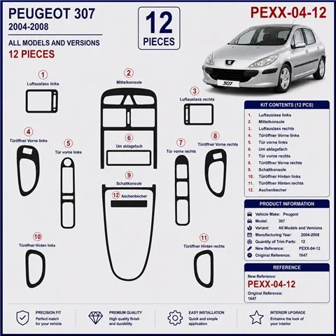 Peugeot 307 2004-2008 3D Armaturenbrett-Dekor-Set, 12 Teile 2