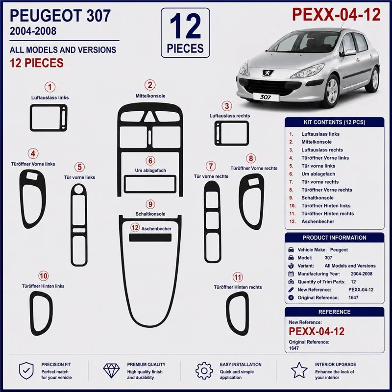 Peugeot 307 2004-2008 3D Armaturenbrett-Dekor-Set, 12 Teile