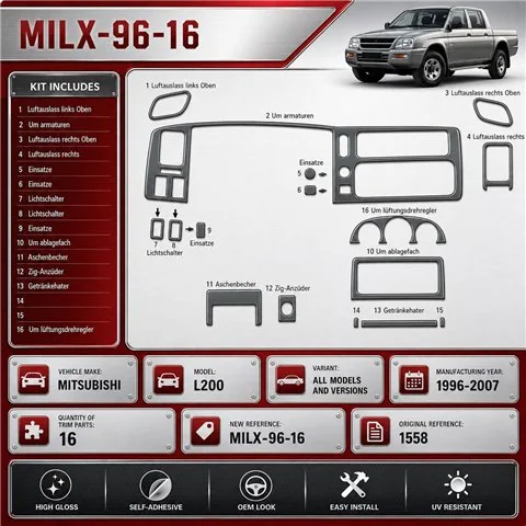 Mitsubishi L 200 1996-2007 3D Cockpit Dekor Interieurleisten Set 16-teilig