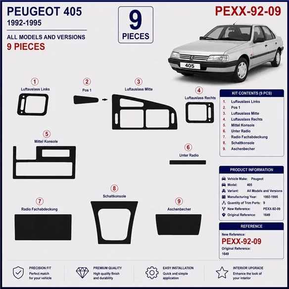 Peugeot 405 1992-1995 3D Armaturenbrett-Dekor-Set, 9 Teile