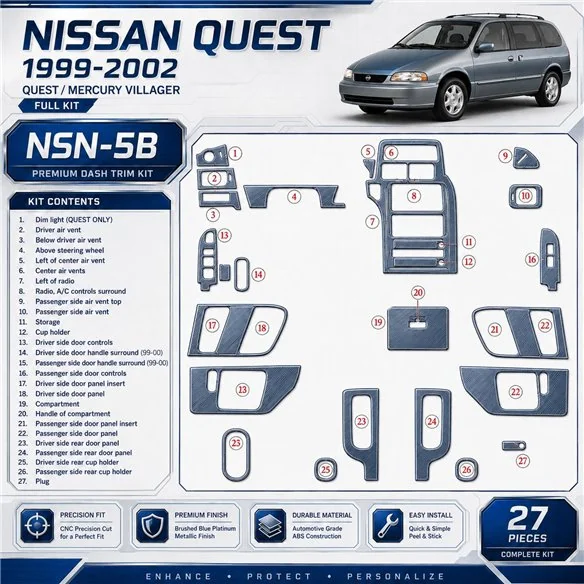 Nissan Quest 1999-2002 3D Cockpit Dekor Interieurleisten Set 27-teilig