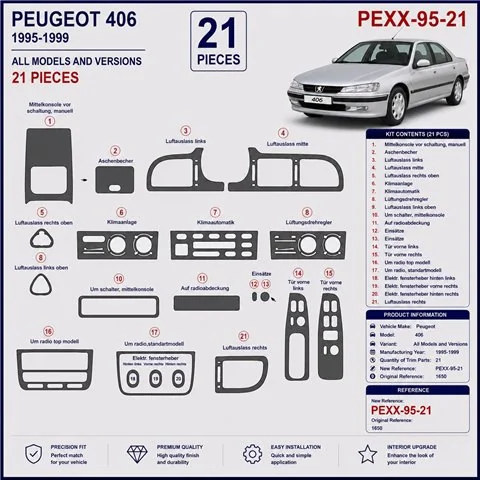 Peugeot 406 1995-1999 3D Armaturenbrett-Dekor-Set, 21 Teile 2