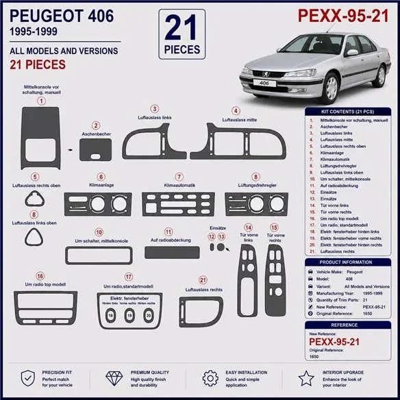 Peugeot 406 1995-1999 3D Armaturenbrett-Dekor-Set, 21 Teile