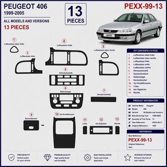 Peugeot 406 1999-2005 3D Armaturenbrett-Dekor-Set, 13 Teile