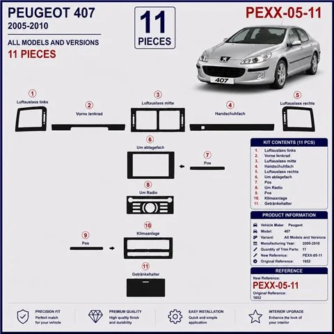 Peugeot 407 2005-2010 3D Armaturenbrett-Dekor-Set, 11 Teile 2
