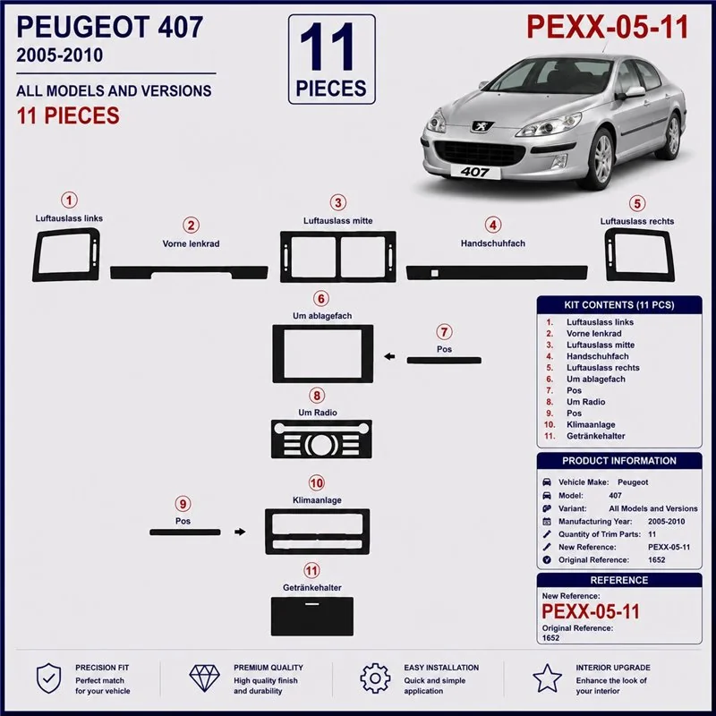 Peugeot 407 2005-2010 3D Armaturenbrett-Dekor-Set, 11 Teile