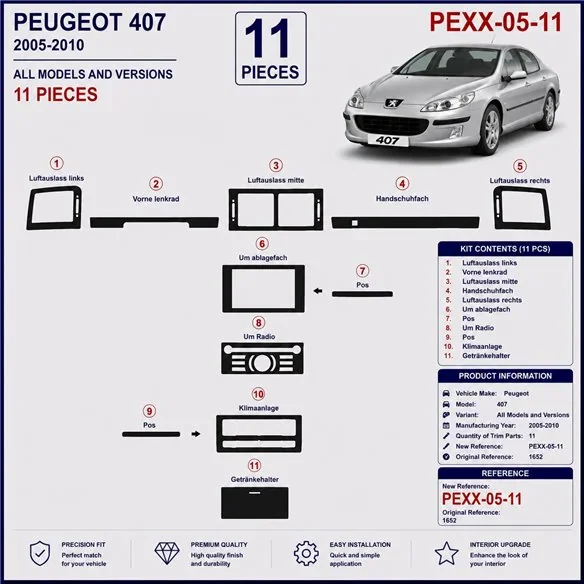 Peugeot 407 2005-2010 3D Armaturenbrett-Dekor-Set, 11 Teile