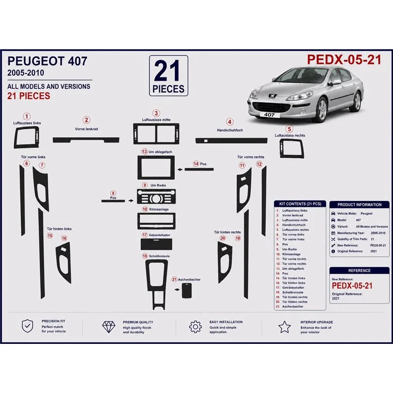 Peugeot 407 Doors 2005-2010 3D Armaturenbrett-Dekor-Set, 21 Teile